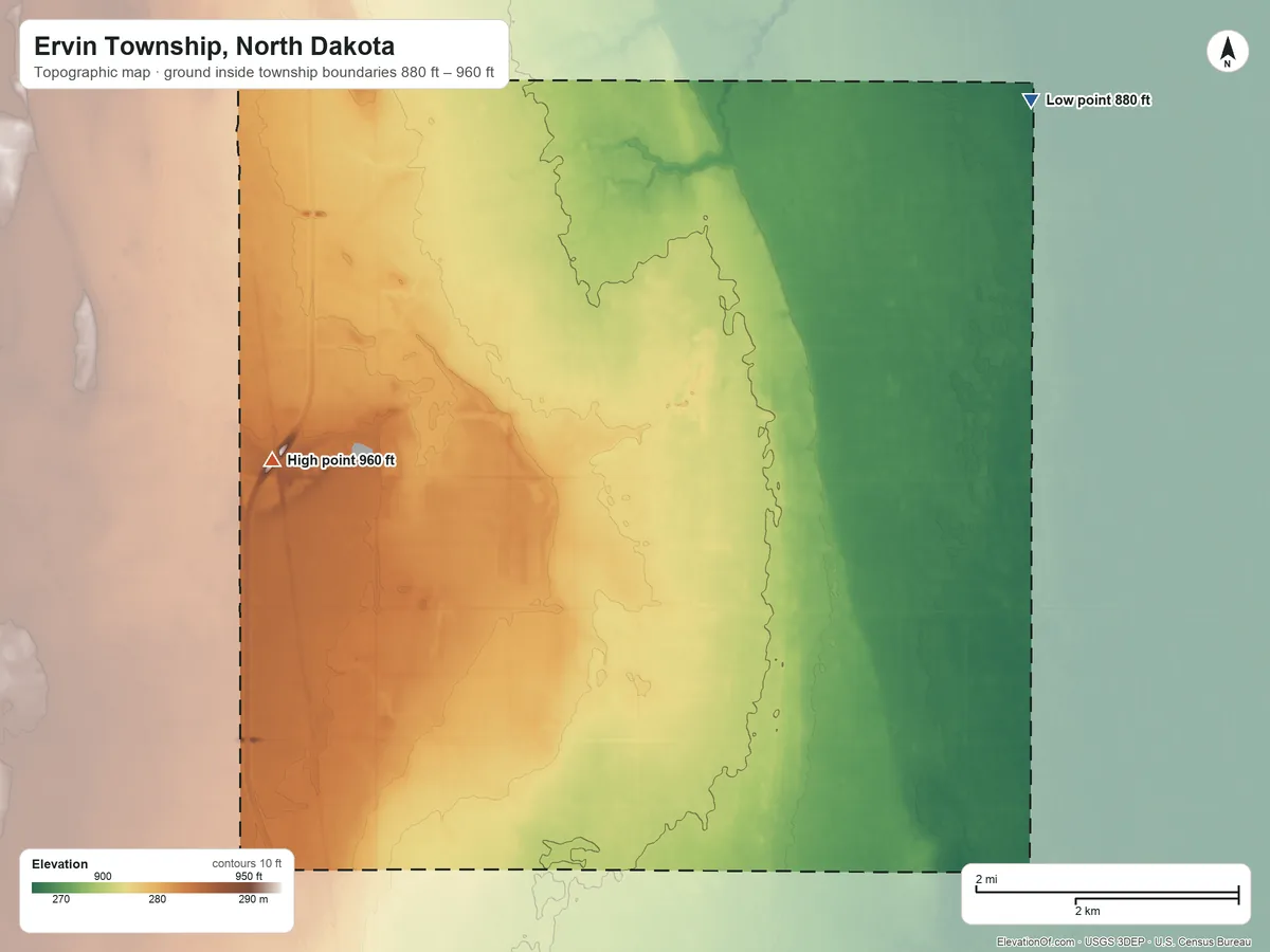Topographic elevation map of Ervin Township, North Dakota, shaded from 880 ft on the northeast side to 960 ft on the northwest side