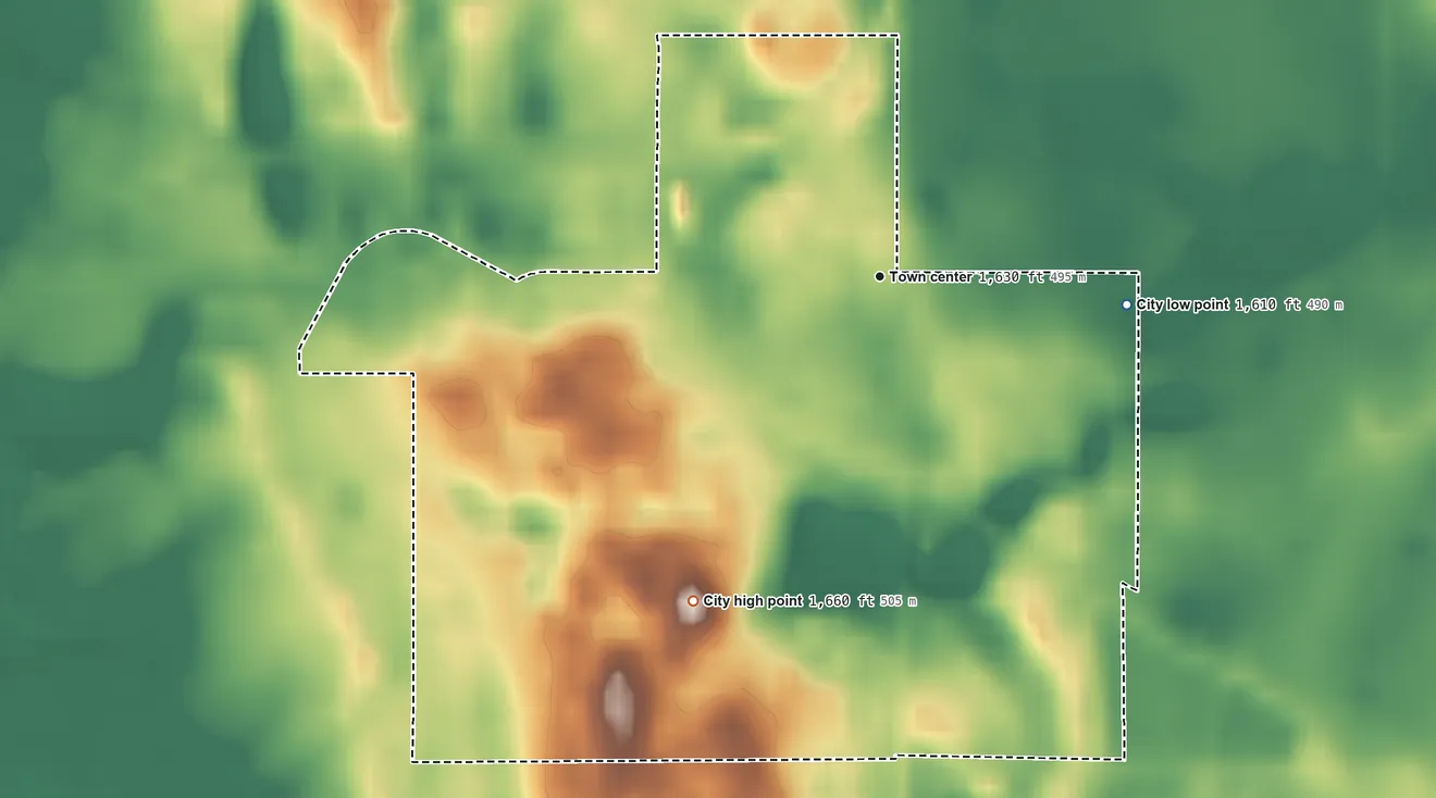 Topographic elevation map of Esmond, North Dakota, shaded from 1,610 ft on the east side to 1,660 ft on the southwest side