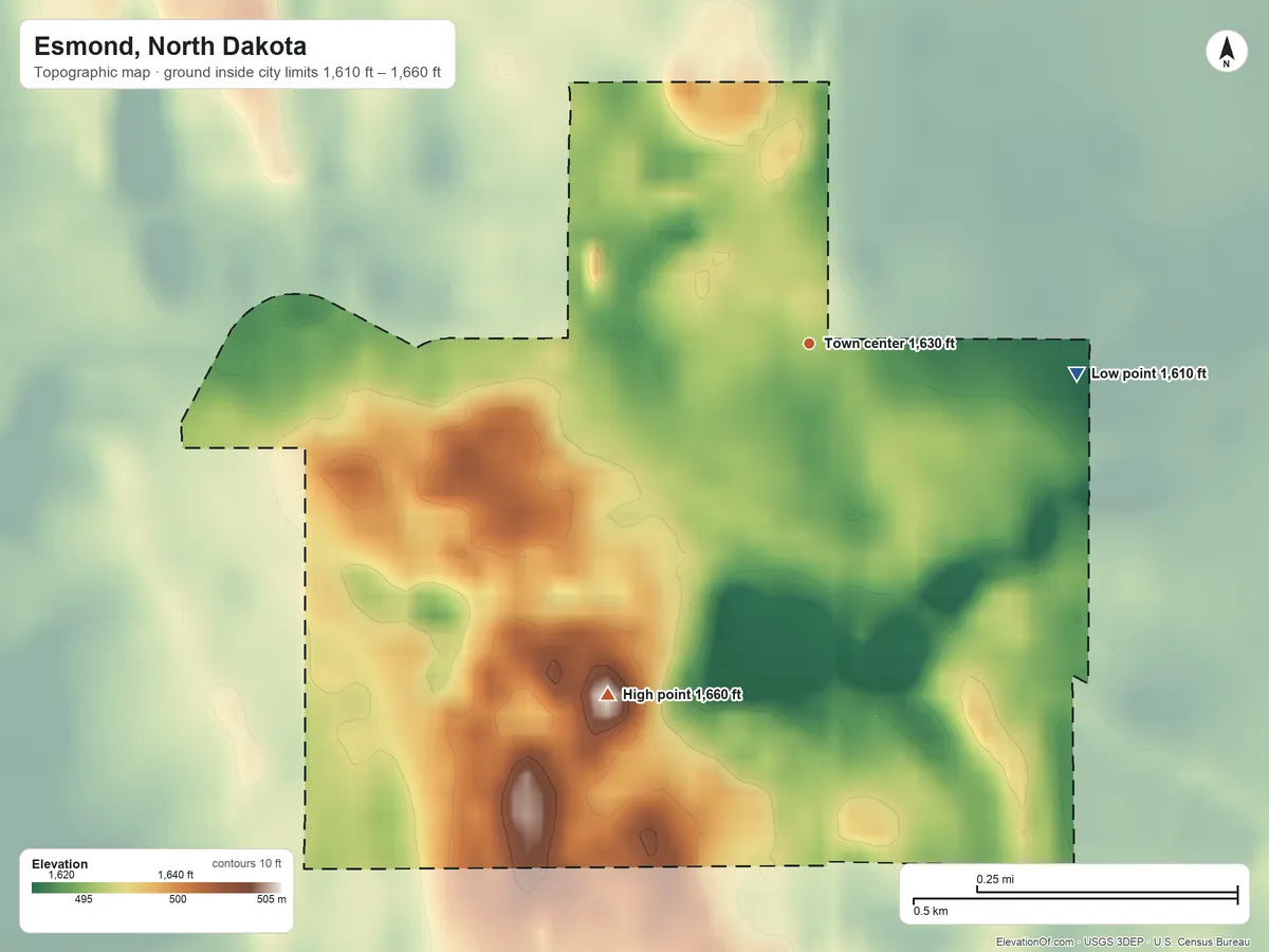 Topographic elevation map of Esmond, North Dakota, shaded from 1,610 ft on the east side to 1,660 ft on the southwest side