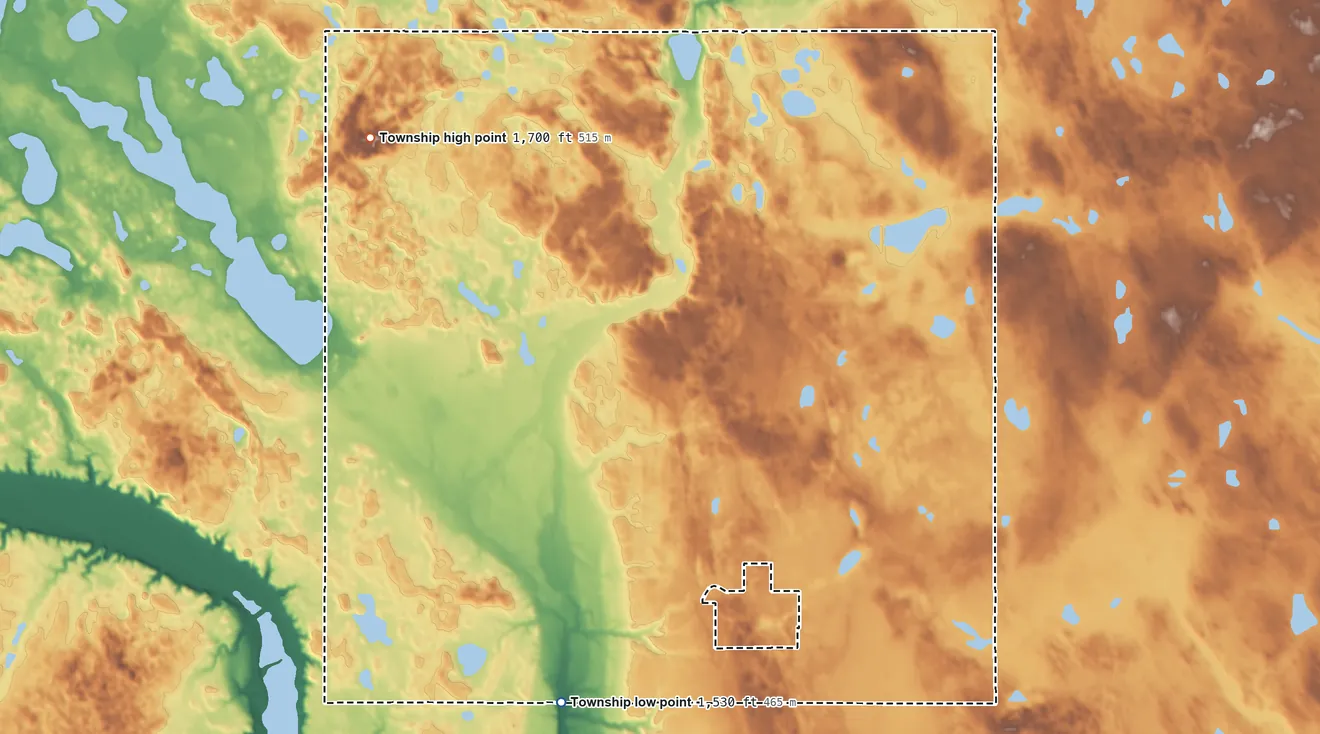 Topographic elevation map of Esmond Township, North Dakota, shaded from 1,530 ft on the southwest side to 1,700 ft on the northwest side