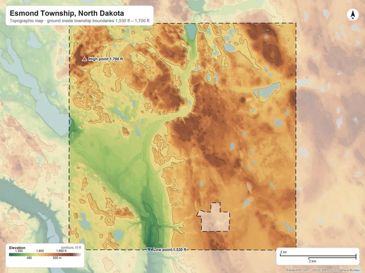 Topographic elevation map of Esmond Township, North Dakota, shaded from 1,530 ft on the southwest side to 1,700 ft on the northwest side
