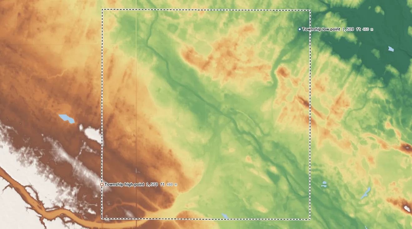 Topographic elevation map of Estabrook Township, North Dakota, shaded from 1,520 ft on the northeast side to 1,570 ft on the southwest side