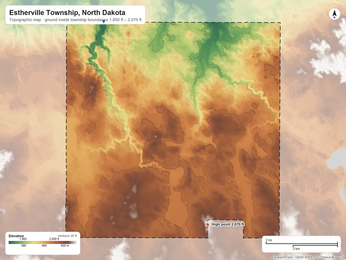 Topographic elevation map of Estherville Township, North Dakota, shaded from 1,850 ft on the northwest side to 2,070 ft on the south side
