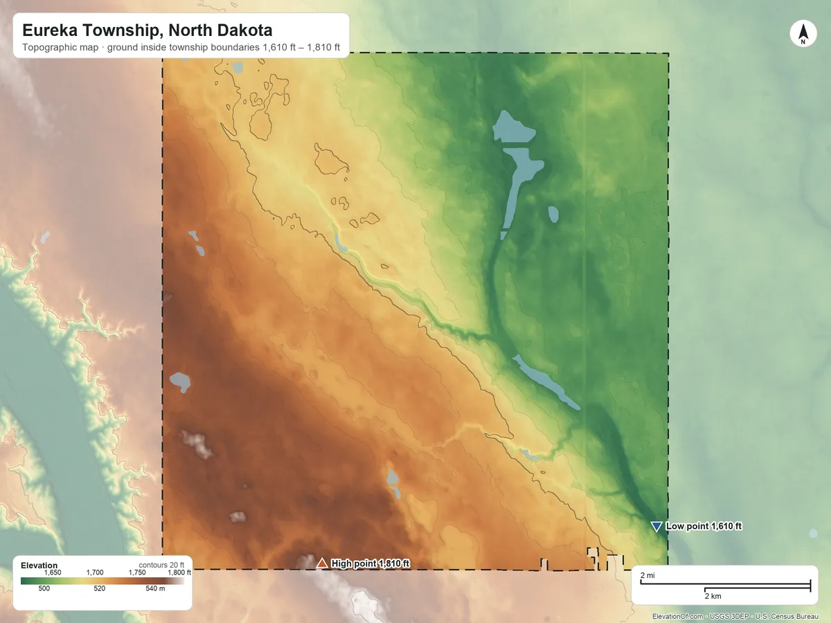 Topographic elevation map of Eureka Township, North Dakota, shaded from 1,610 ft on the southeast side to 1,810 ft on the southwest side
