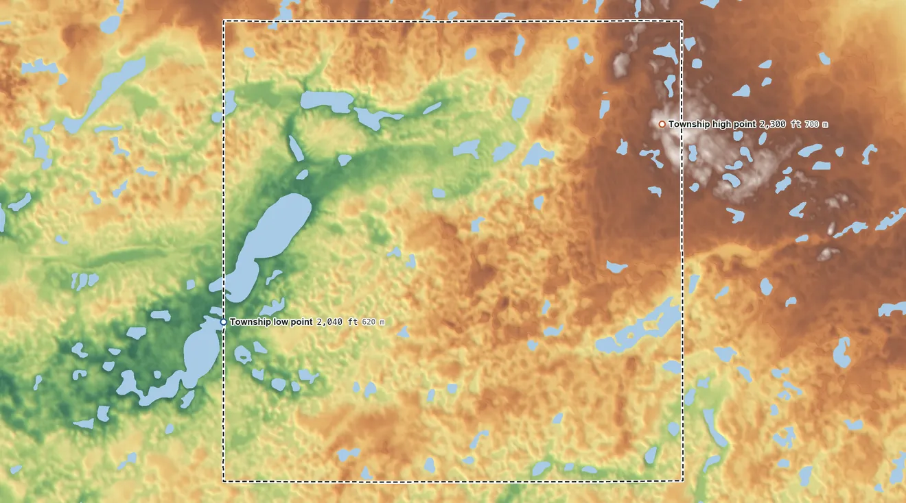 Topographic elevation map of Evergreen Township, North Dakota, shaded from 2,040 ft on the west side to 2,300 ft on the northeast side