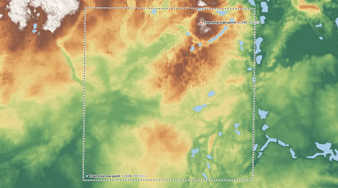 Topographic elevation map of Excelsior Township, North Dakota, shaded from 1,830 ft on the west side to 1,990 ft on the northeast side