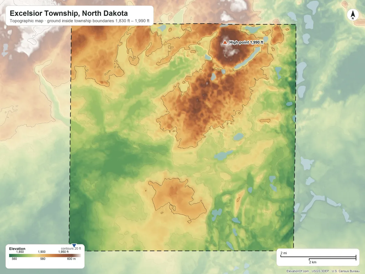 Topographic elevation map of Excelsior Township, North Dakota, shaded from 1,830 ft on the west side to 1,990 ft on the northeast side