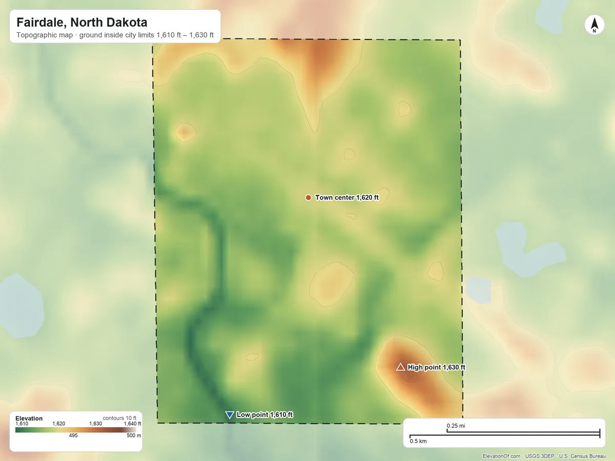 Topographic elevation map of Fairdale, North Dakota, shaded from 1,610 ft on the south side to 1,630 ft on the southeast side