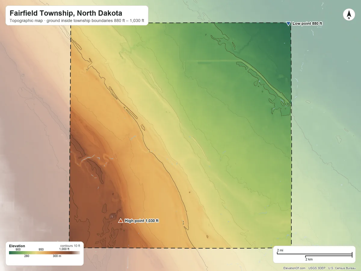 Topographic elevation map of Fairfield Township, North Dakota, shaded from 880 ft on the northeast side to 1,030 ft on the southwest side