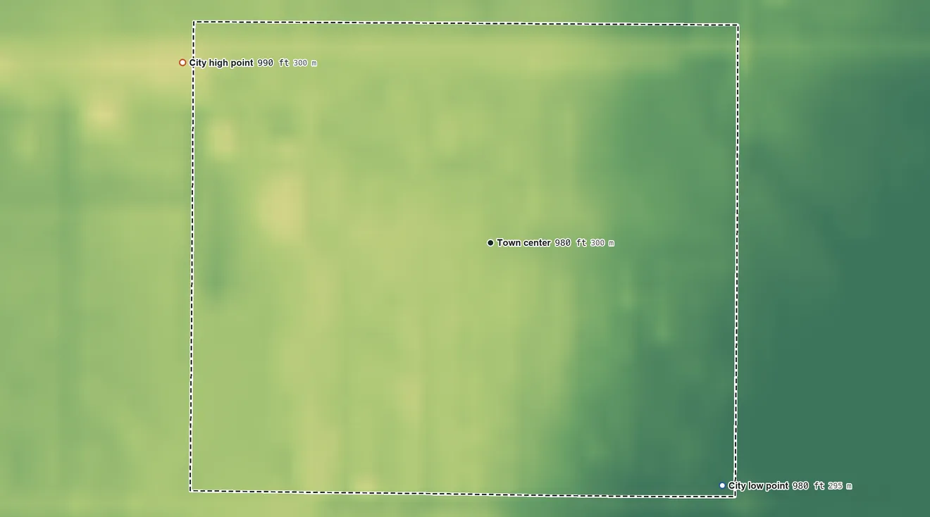 Topographic elevation map of Fairmount, North Dakota, shaded from 980 ft on the southeast side to 990 ft on the northwest side