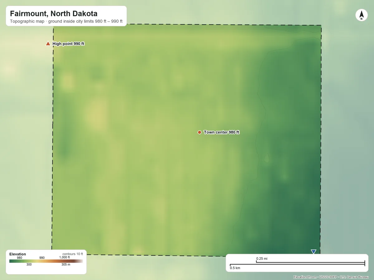 Topographic elevation map of Fairmount, North Dakota, shaded from 980 ft on the southeast side to 990 ft on the northwest side
