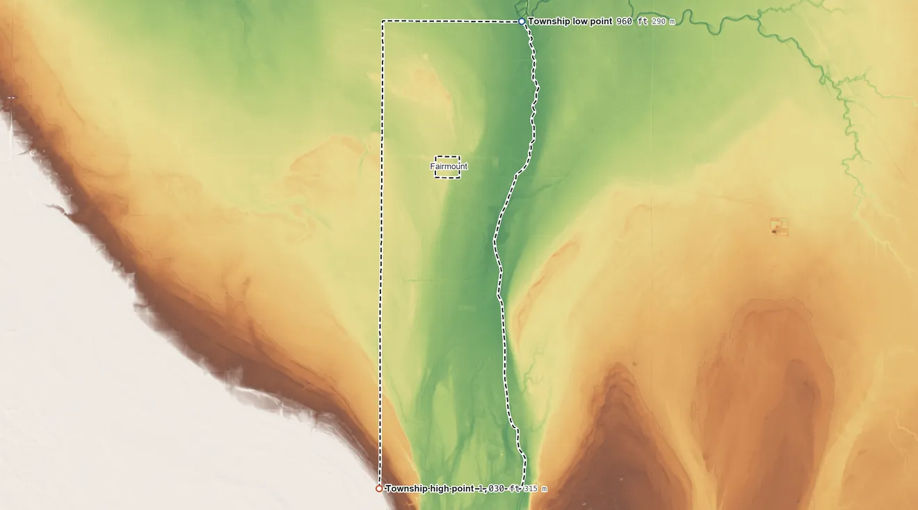 Topographic elevation map of Fairmount Township, North Dakota, shaded from 960 ft on the northeast side to 1,030 ft on the south side