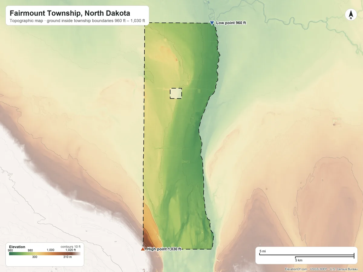 Topographic elevation map of Fairmount Township, North Dakota, shaded from 960 ft on the northeast side to 1,030 ft on the south side
