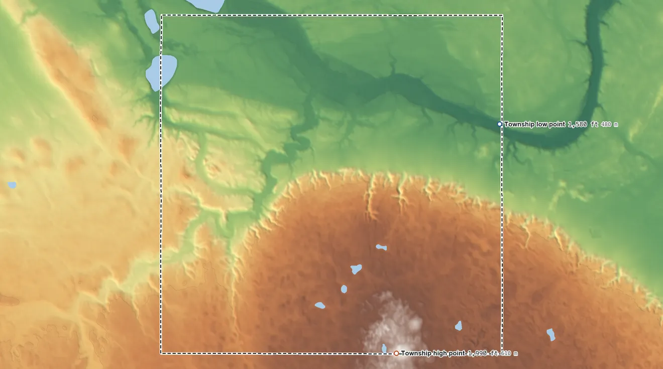 Topographic elevation map of Fairview Township, North Dakota, shaded from 1,580 ft on the northeast side to 1,990 ft on the southeast side