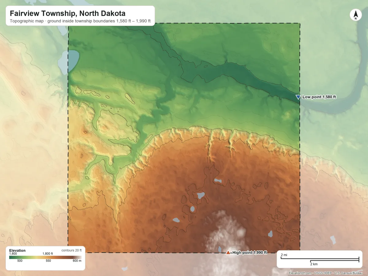 Topographic elevation map of Fairview Township, North Dakota, shaded from 1,580 ft on the northeast side to 1,990 ft on the southeast side