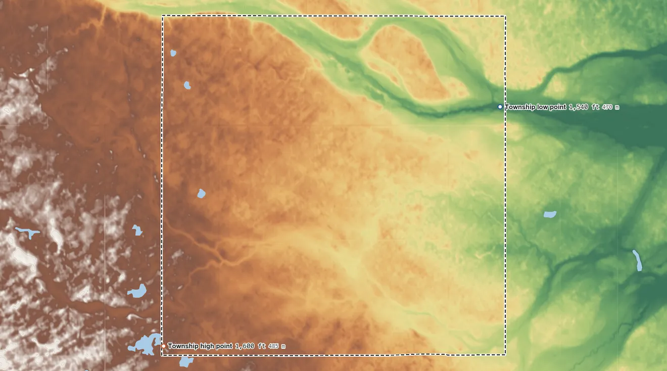 Topographic elevation map of Fairville Township, North Dakota, shaded from 1,540 ft on the east side to 1,600 ft on the southwest side