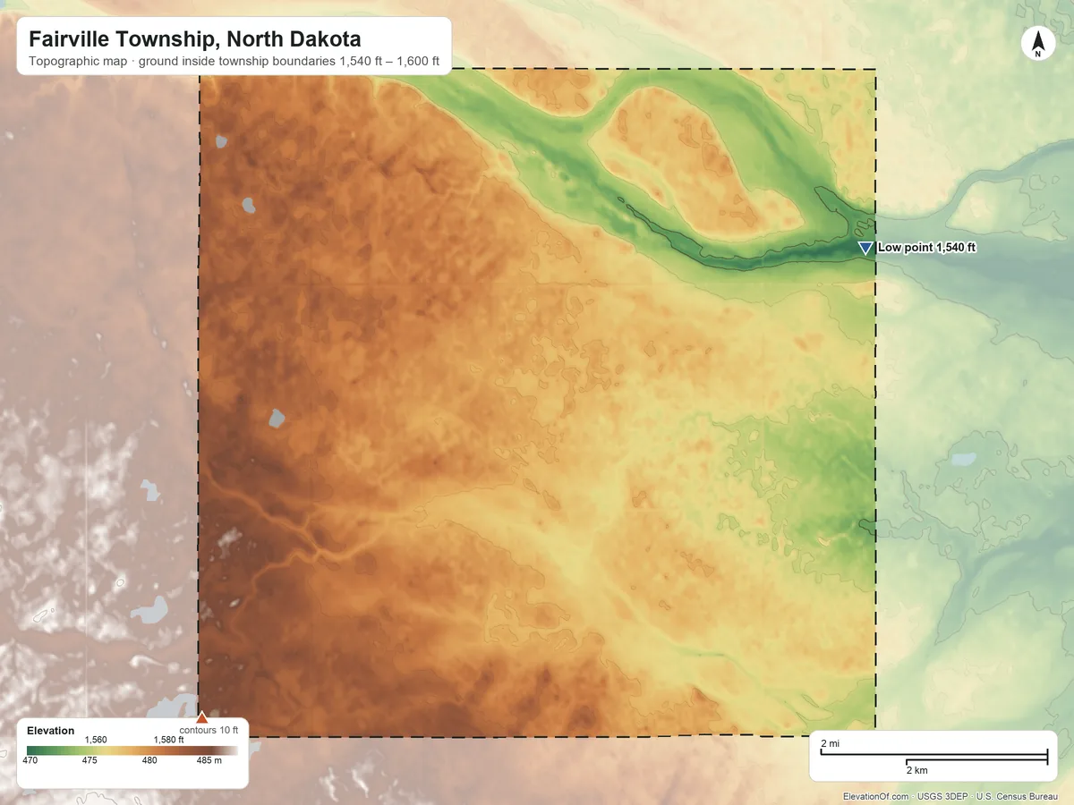 Topographic elevation map of Fairville Township, North Dakota, shaded from 1,540 ft on the east side to 1,600 ft on the southwest side