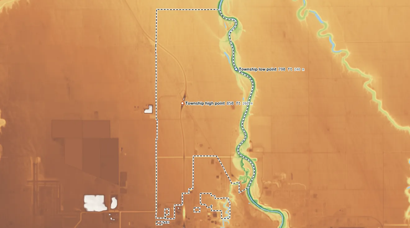 Topographic elevation map of Falconer Township, North Dakota, shaded from 790 ft on the northeast side to 850 ft near the middle