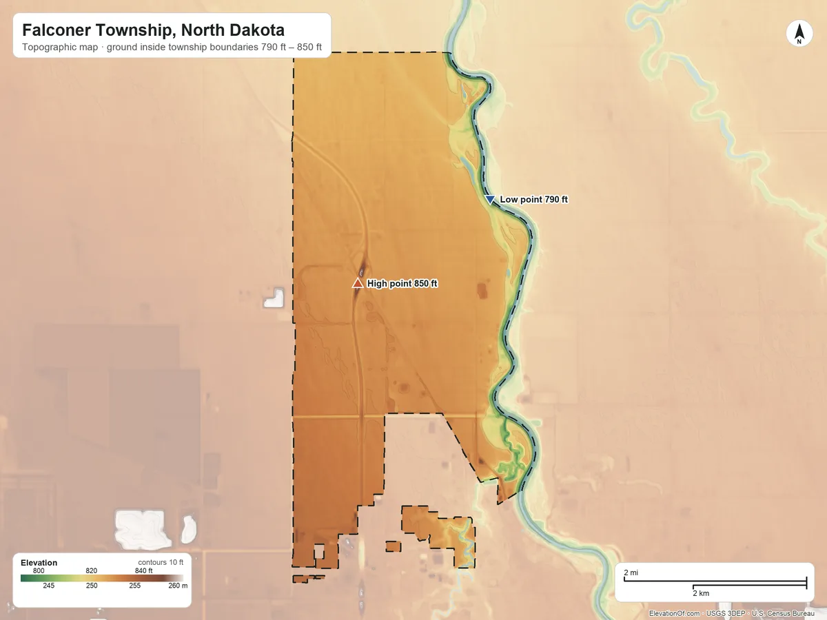 Topographic elevation map of Falconer Township, North Dakota, shaded from 790 ft on the northeast side to 850 ft near the middle
