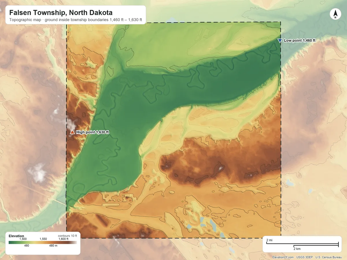 Topographic elevation map of Falsen Township, North Dakota, shaded from 1,460 ft on the northeast side to 1,630 ft on the northwest side