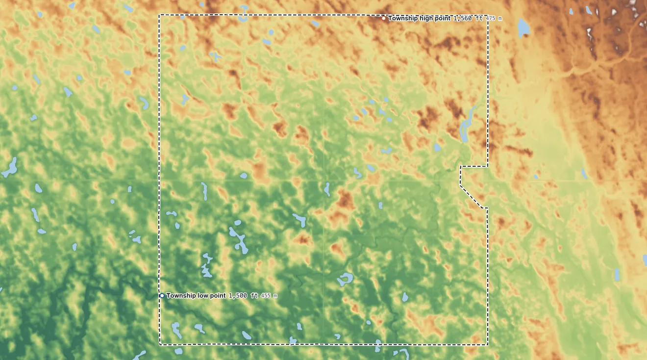 Topographic elevation map of Fancher Township, North Dakota, shaded from 1,500 ft on the southwest side to 1,560 ft on the north side