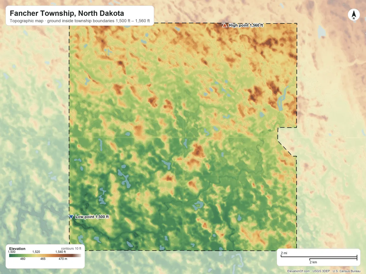 Topographic elevation map of Fancher Township, North Dakota, shaded from 1,500 ft on the southwest side to 1,560 ft on the north side