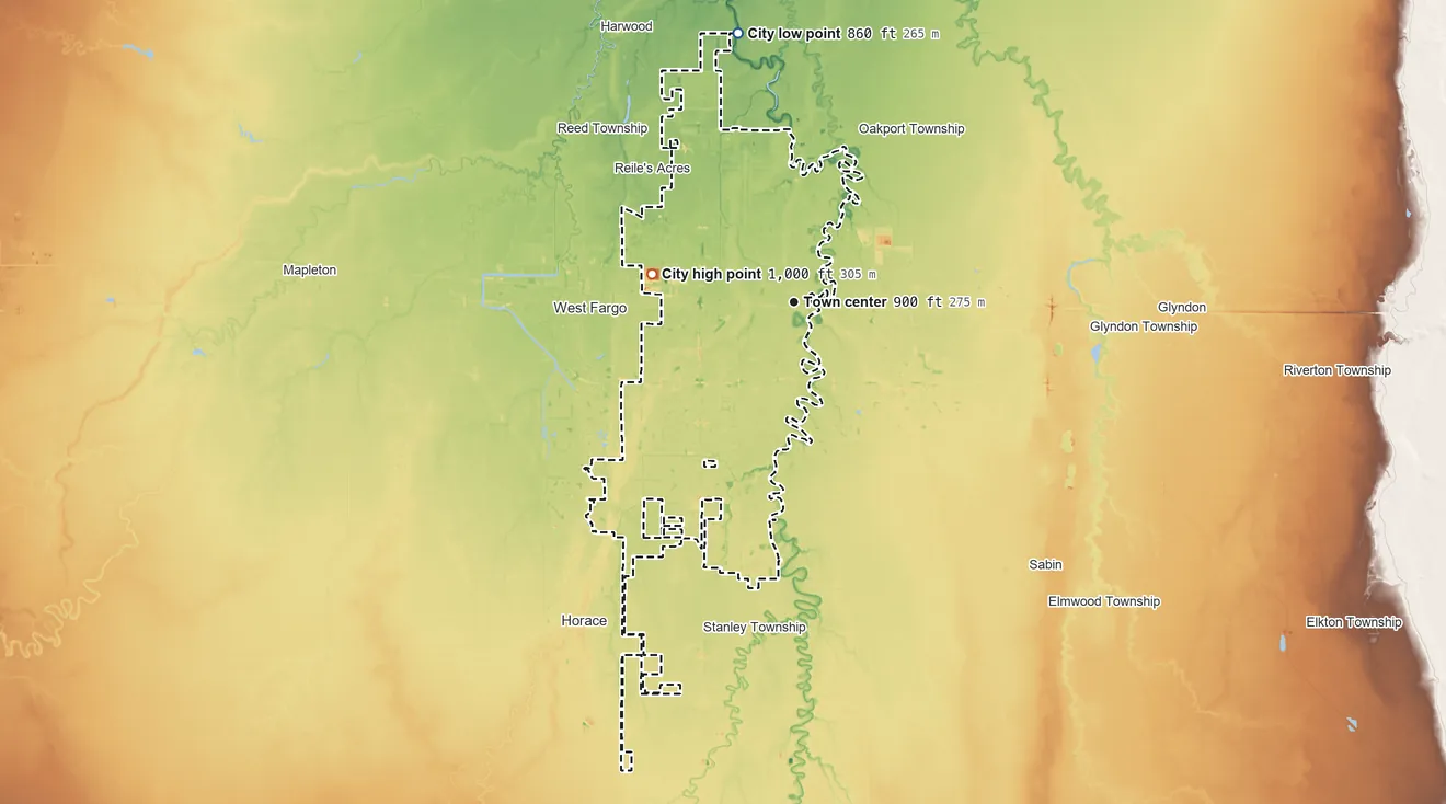 Topographic elevation map of Fargo, North Dakota, shaded from 860 ft on the north side to 1,000 ft on the west side
