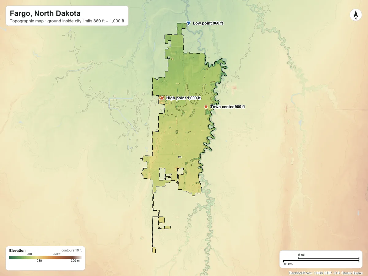 Topographic elevation map of Fargo, North Dakota, shaded from 860 ft on the north side to 1,000 ft on the west side