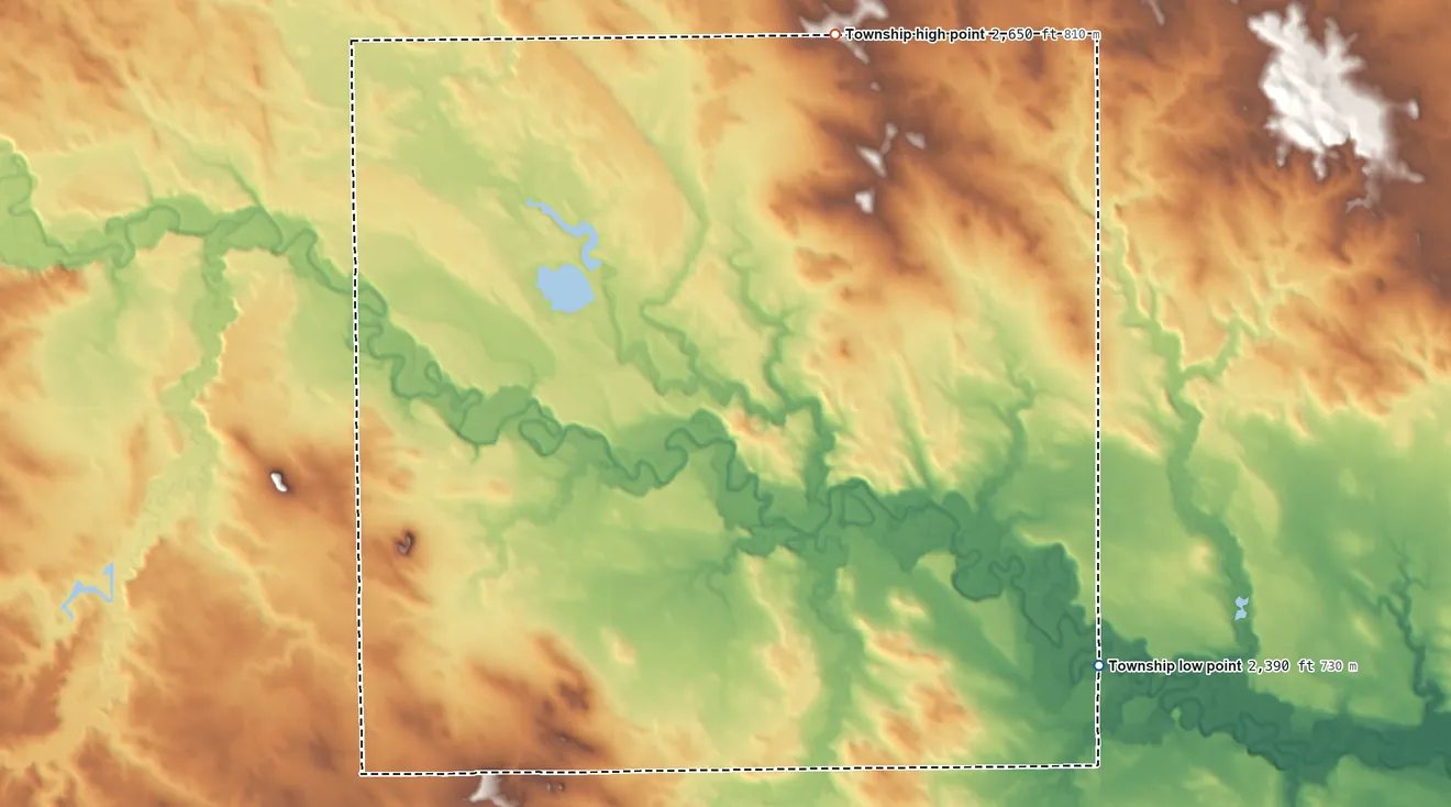 Topographic elevation map of Farina Township, North Dakota, shaded from 2,390 ft on the southeast side to 2,650 ft on the northeast side