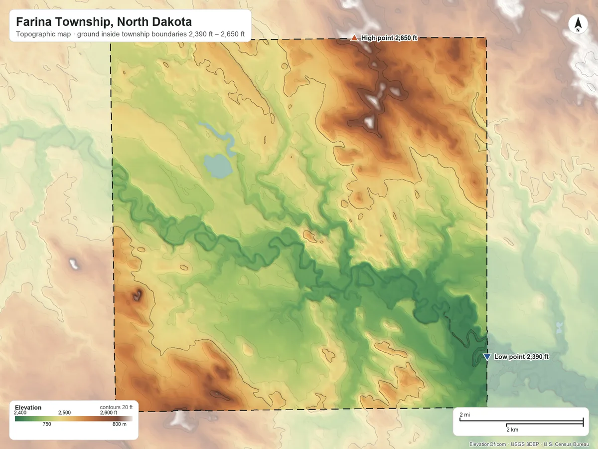 Topographic elevation map of Farina Township, North Dakota, shaded from 2,390 ft on the southeast side to 2,650 ft on the northeast side