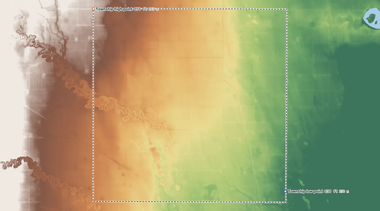 Topographic elevation map of Farmington Township, North Dakota, shaded from 830 ft on the southeast side to 870 ft on the northwest side