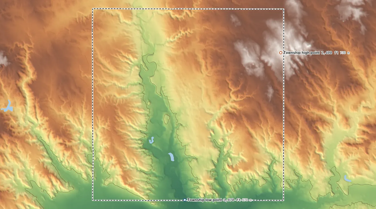 Topographic elevation map of Farmvale Township, North Dakota, shaded from 1,870 ft on the south side to 2,400 ft on the northeast side