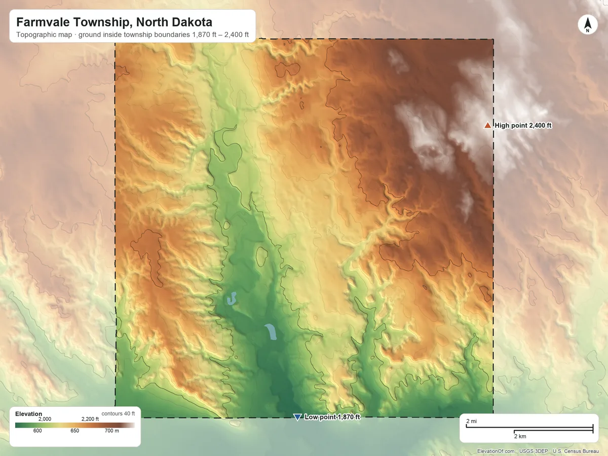 Topographic elevation map of Farmvale Township, North Dakota, shaded from 1,870 ft on the south side to 2,400 ft on the northeast side