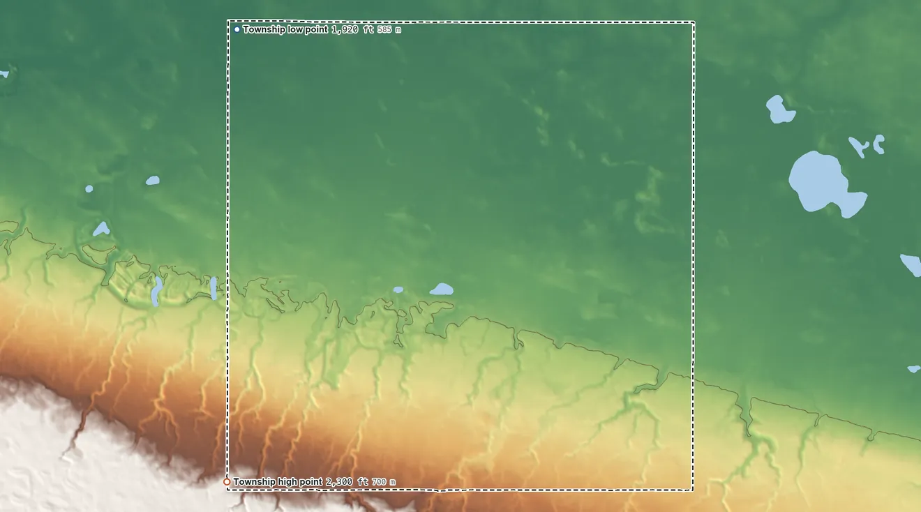 Topographic elevation map of Fay Township, North Dakota, shaded from 1,920 ft on the northwest side to 2,300 ft on the west side