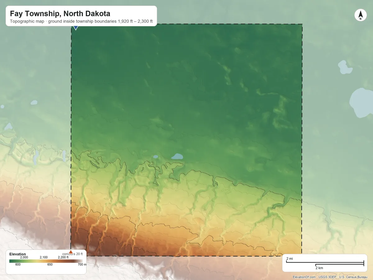 Topographic elevation map of Fay Township, North Dakota, shaded from 1,920 ft on the northwest side to 2,300 ft on the west side