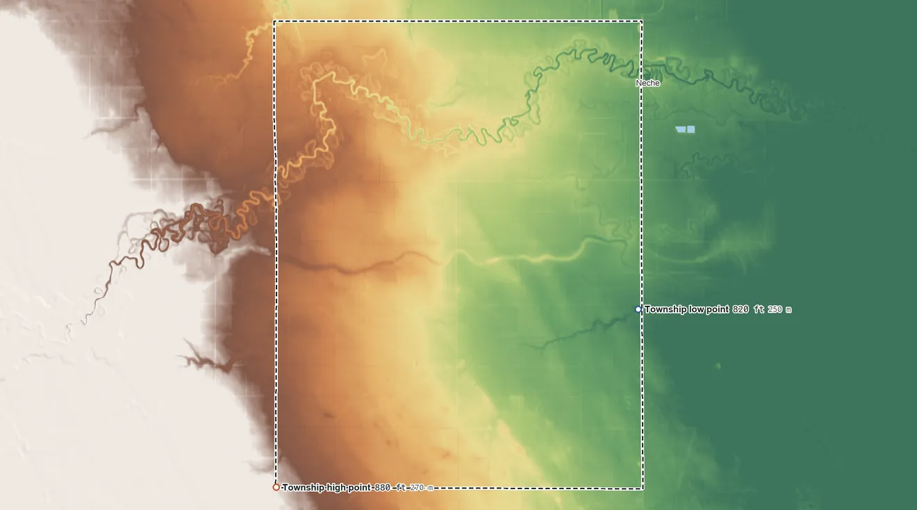 Topographic elevation map of Felson Township, North Dakota, shaded from 820 ft on the east side to 880 ft on the southwest side