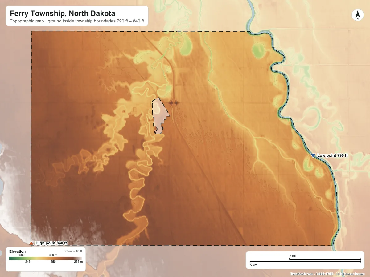 Topographic elevation map of Ferry Township, North Dakota, shaded from 790 ft on the east side to 840 ft on the southwest side