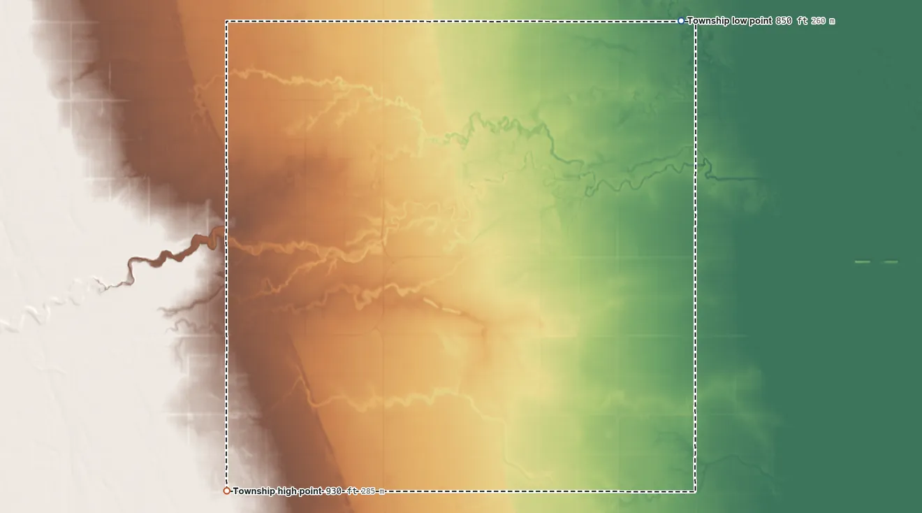 Topographic elevation map of Fertile Township, North Dakota, shaded from 850 ft on the northeast side to 930 ft on the southwest side