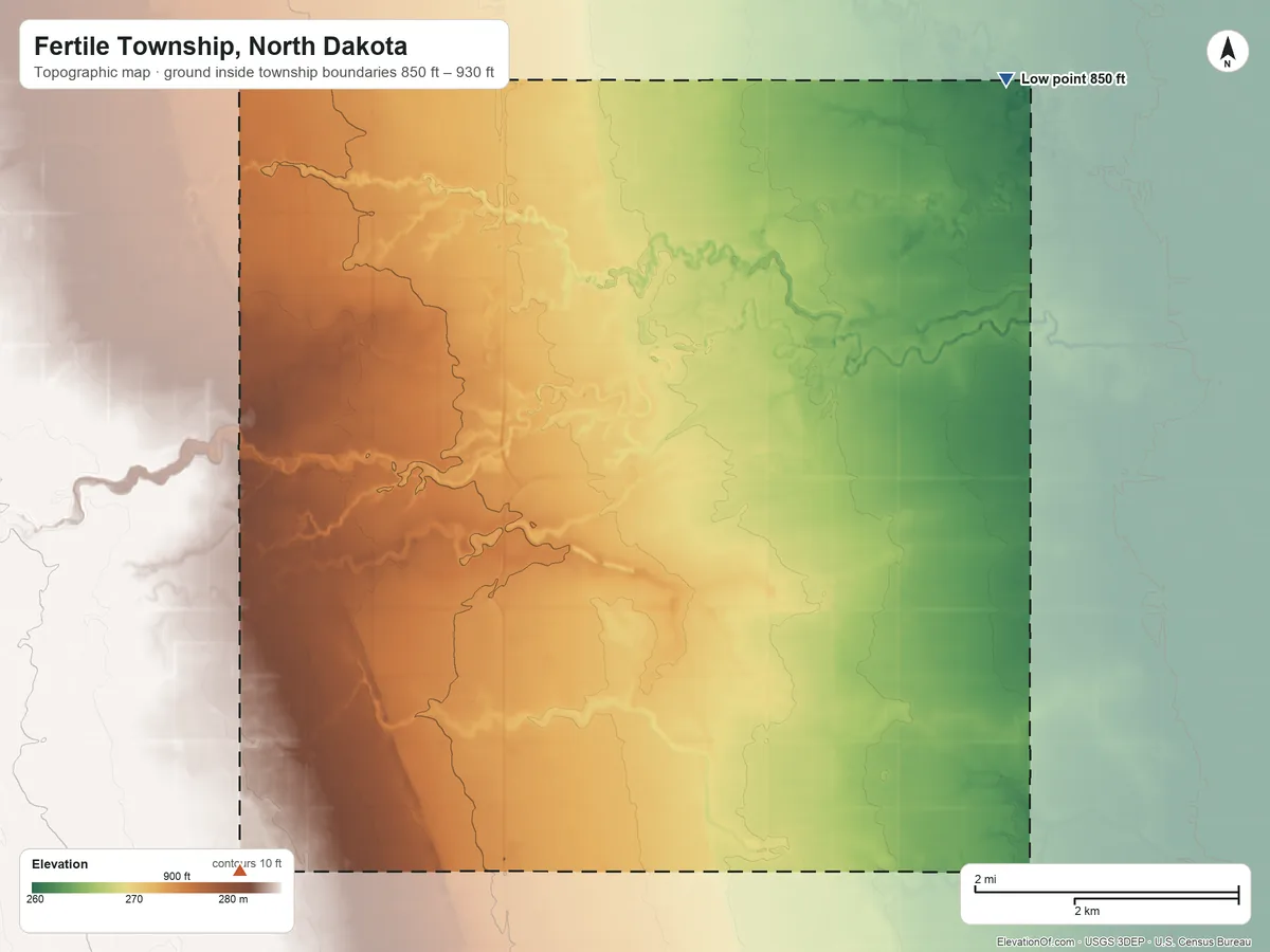 Topographic elevation map of Fertile Township, North Dakota, shaded from 850 ft on the northeast side to 930 ft on the southwest side