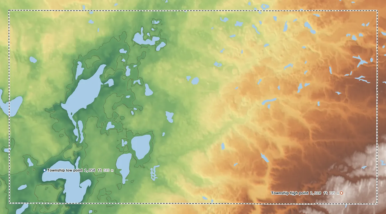 Topographic elevation map of Fertile Valley Township, North Dakota, shaded from 1,950 ft on the west side to 2,310 ft on the east side