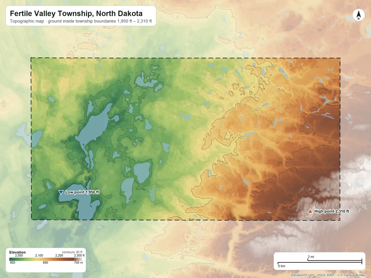 Topographic elevation map of Fertile Valley Township, North Dakota, shaded from 1,950 ft on the west side to 2,310 ft on the east side