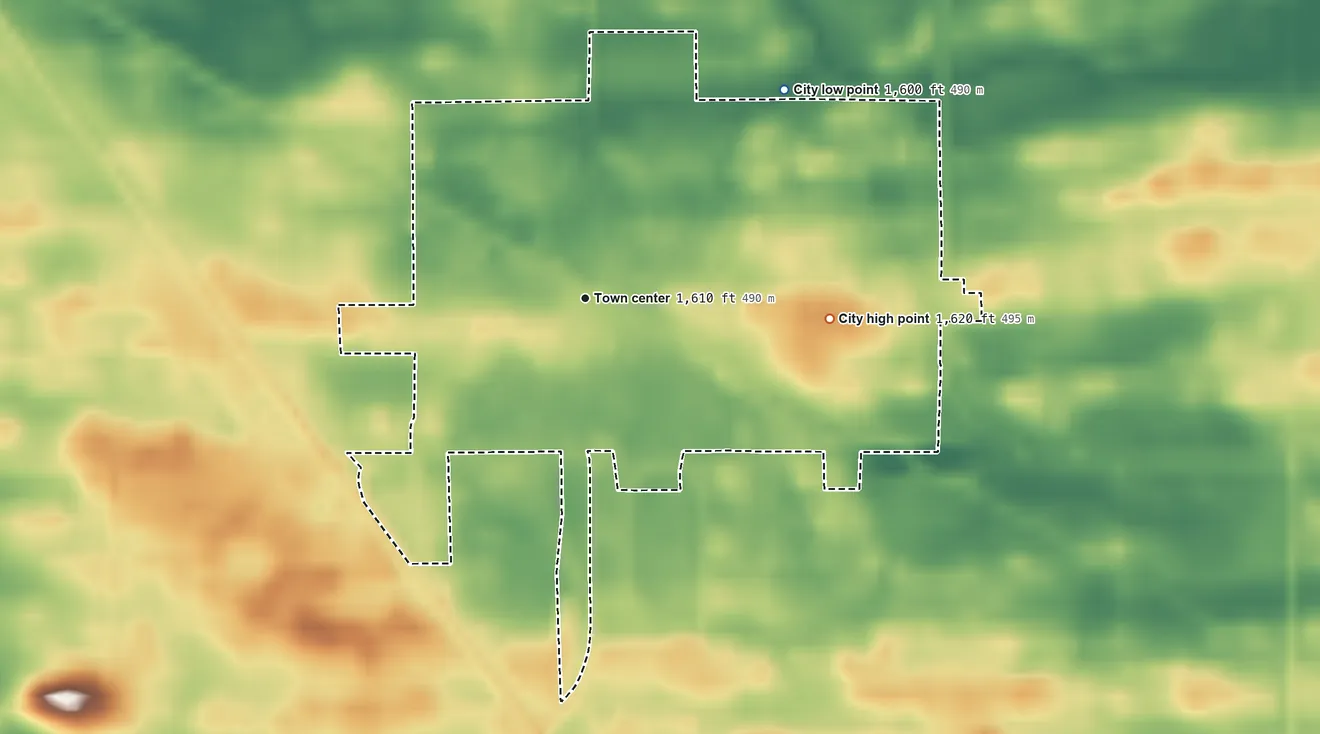 Topographic elevation map of Fessenden, North Dakota, shaded from 1,600 ft on the northeast side to 1,620 ft on the east side