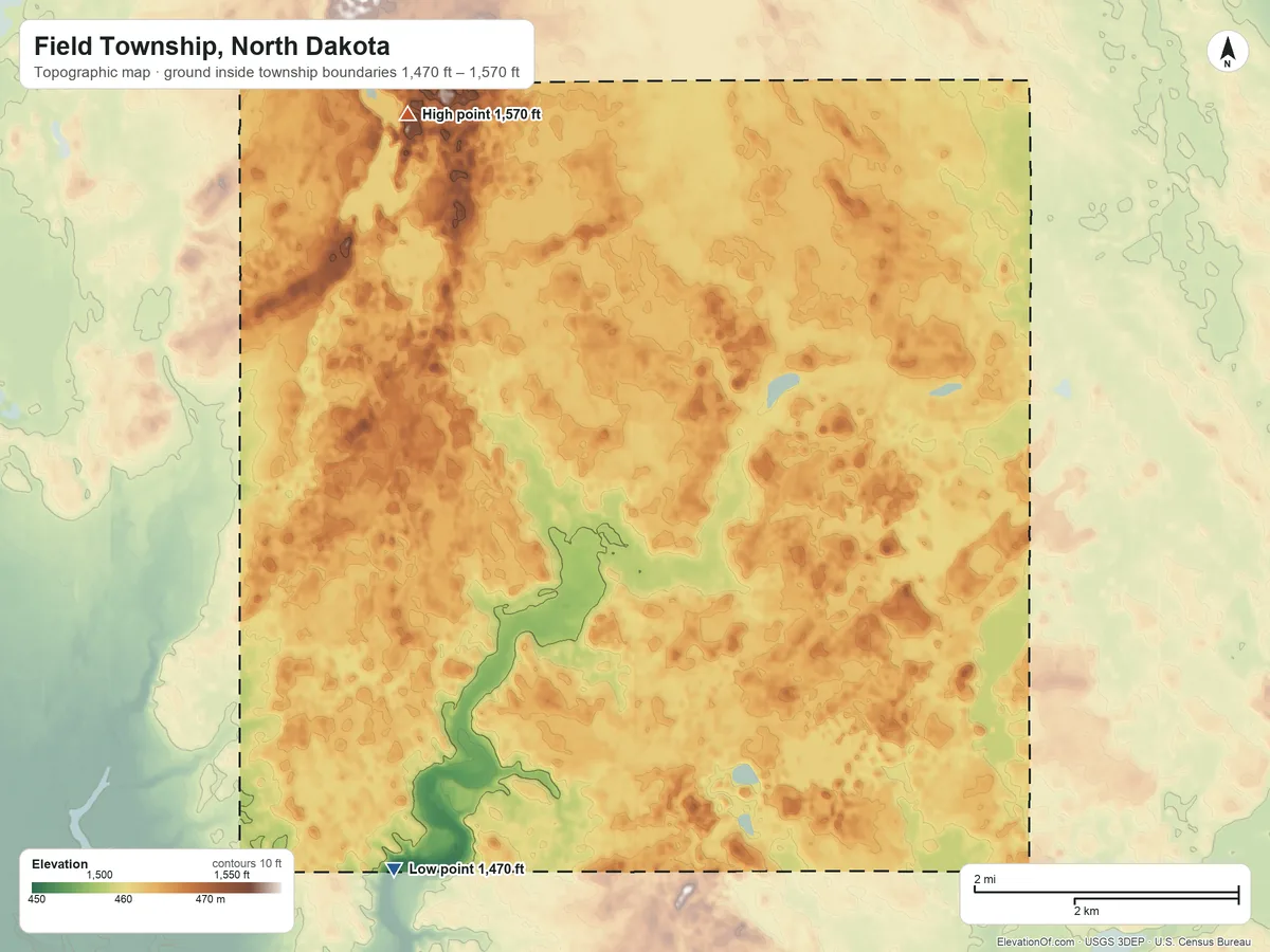 Topographic elevation map of Field Township, North Dakota, shaded from 1,470 ft on the southwest side to 1,570 ft on the northwest side