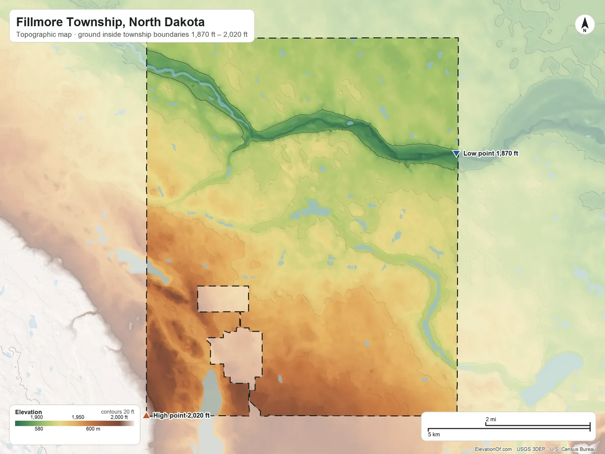 Topographic elevation map of Fillmore Township, North Dakota, shaded from 1,870 ft on the northeast side to 2,020 ft on the southwest side