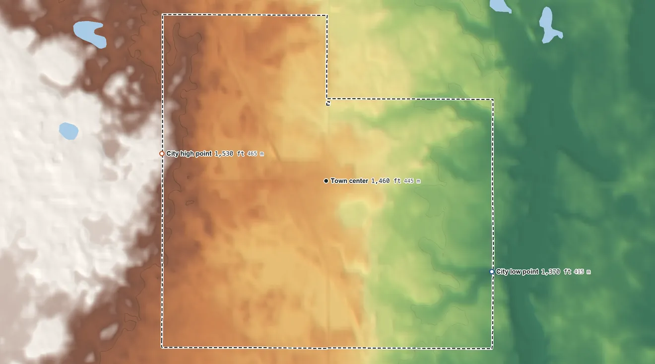 Topographic elevation map of Finley, North Dakota, shaded from 1,370 ft on the southeast side to 1,530 ft on the west side