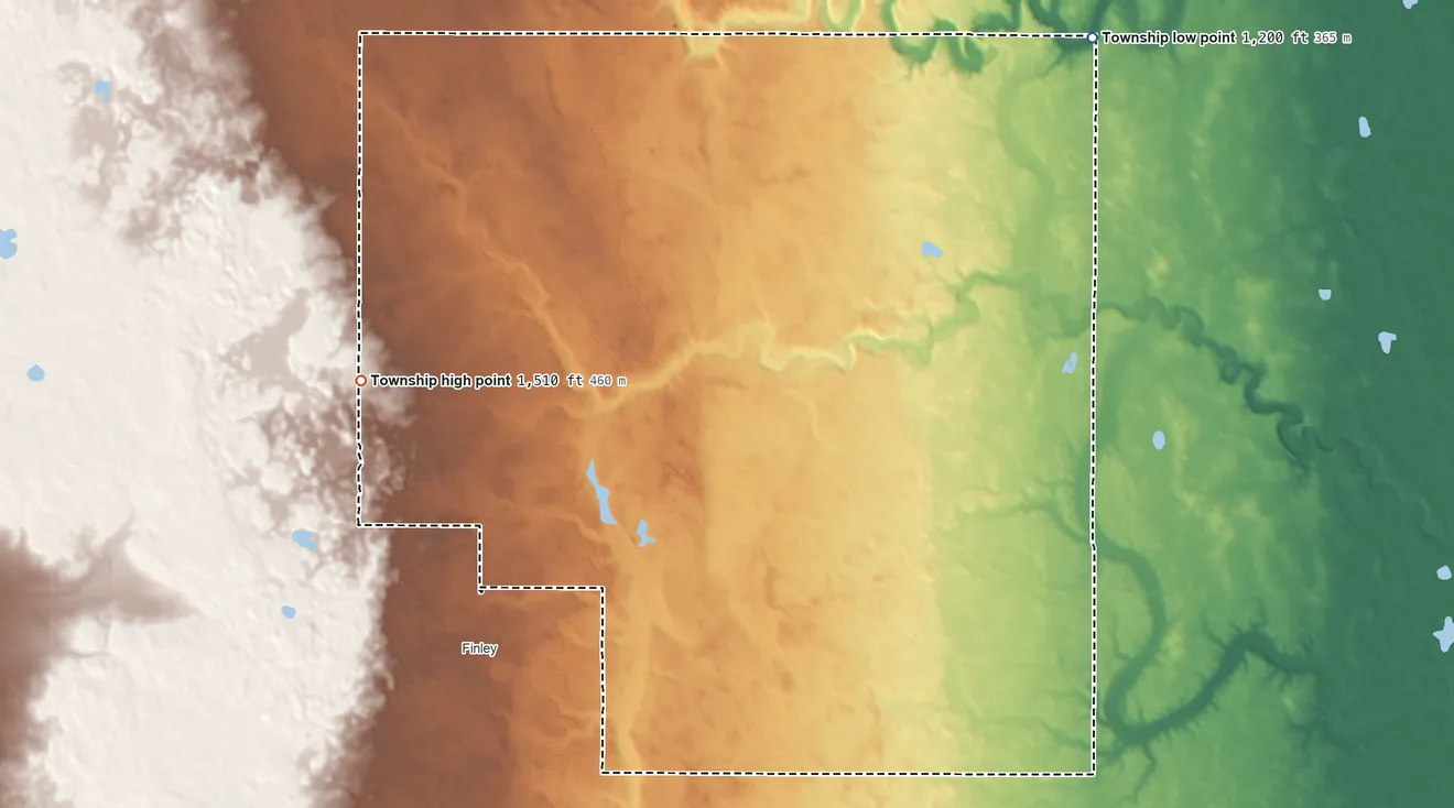Topographic elevation map of Finley Township, North Dakota, shaded from 1,200 ft on the north side to 1,510 ft on the west side