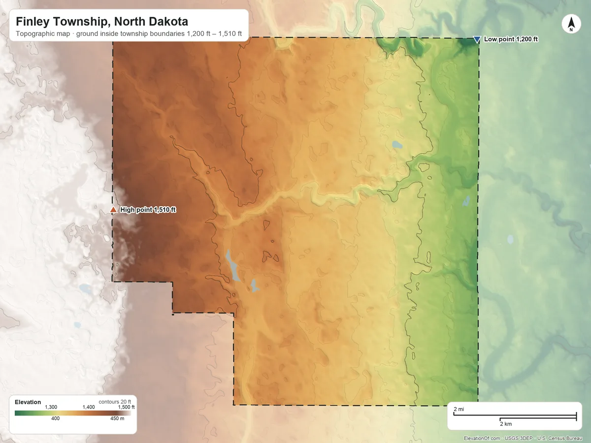 Topographic elevation map of Finley Township, North Dakota, shaded from 1,200 ft on the north side to 1,510 ft on the west side