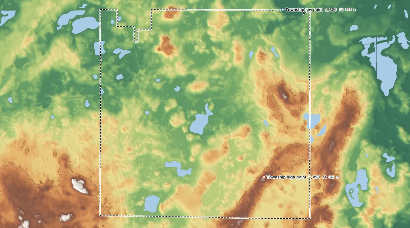Topographic elevation map of Finn Township, North Dakota, shaded from 1,880 ft on the northeast side to 2,090 ft on the southeast side