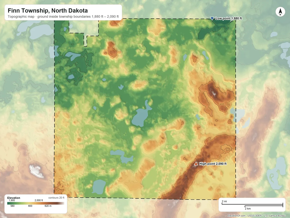 Topographic elevation map of Finn Township, North Dakota, shaded from 1,880 ft on the northeast side to 2,090 ft on the southeast side
