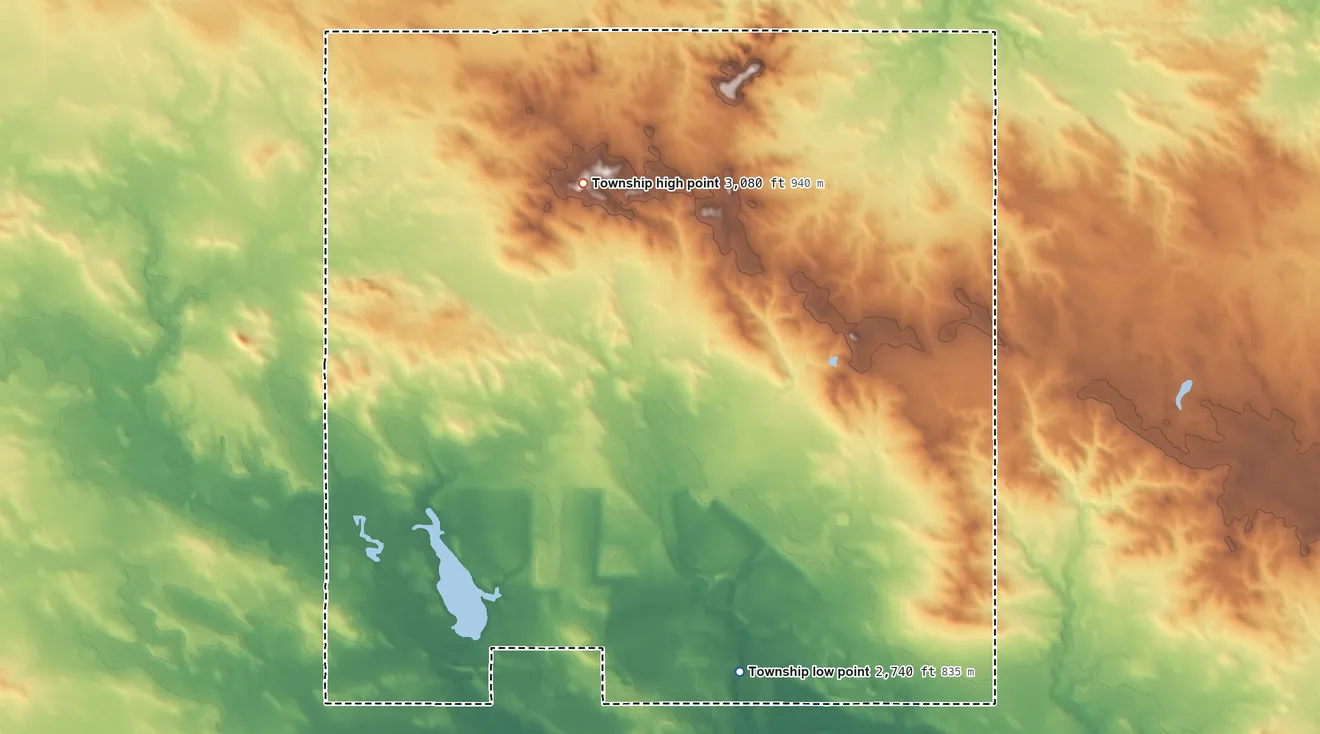 Topographic elevation map of Fischbein Township, North Dakota, shaded from 2,740 ft on the south side to 3,080 ft on the northwest side